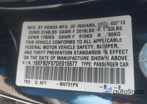 2013 Honda Civic Lx z USA, uszkodzony, nr VIN 19XFB2F57DE015577